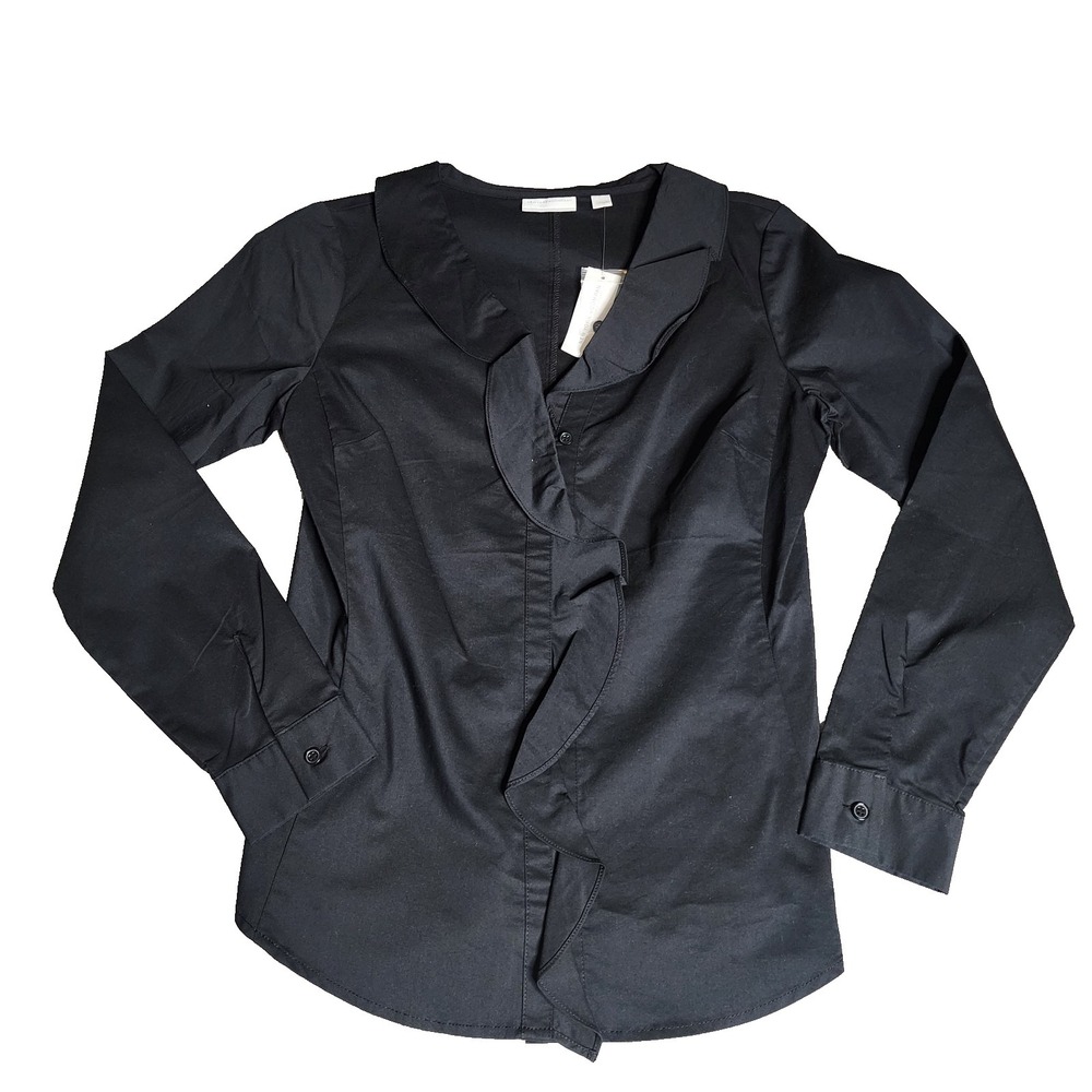 New York & Co Black Ruffle Blouse Stretch Fitted Preppy Lagenlook Minimalist S‎